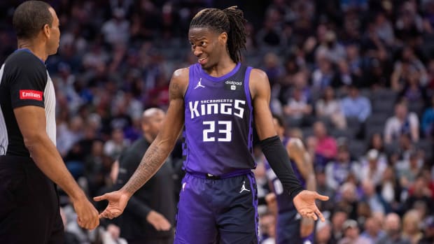 Mar 12, 2024; Sacramento, California, USA; Sacramento Kings guard Keon Ellis (23) reacts to a call during the third quarter at Golden 1 Center. Mandatory Credit: Ed Szczepanski-USA TODAY Sports